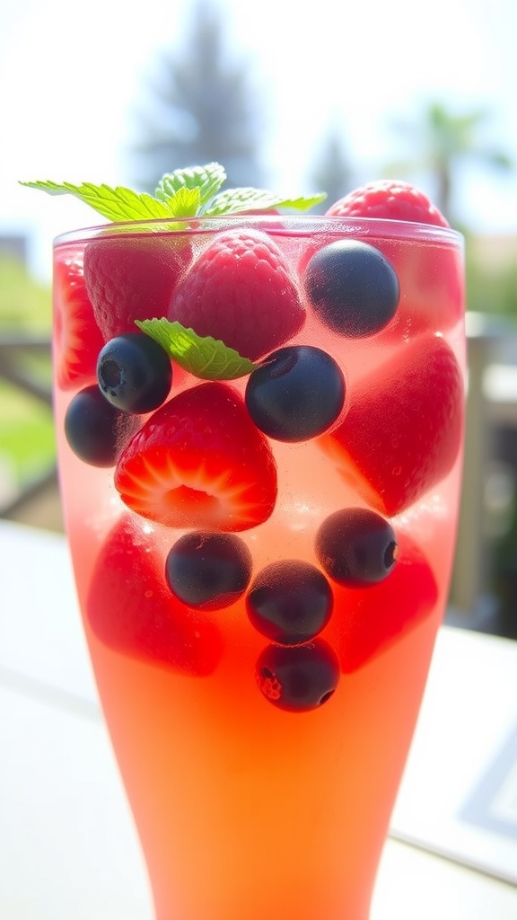 A refreshing Vanilla Berry Vodka Fizz cocktail garnished with berries and mint, in a sunny outdoor setting.